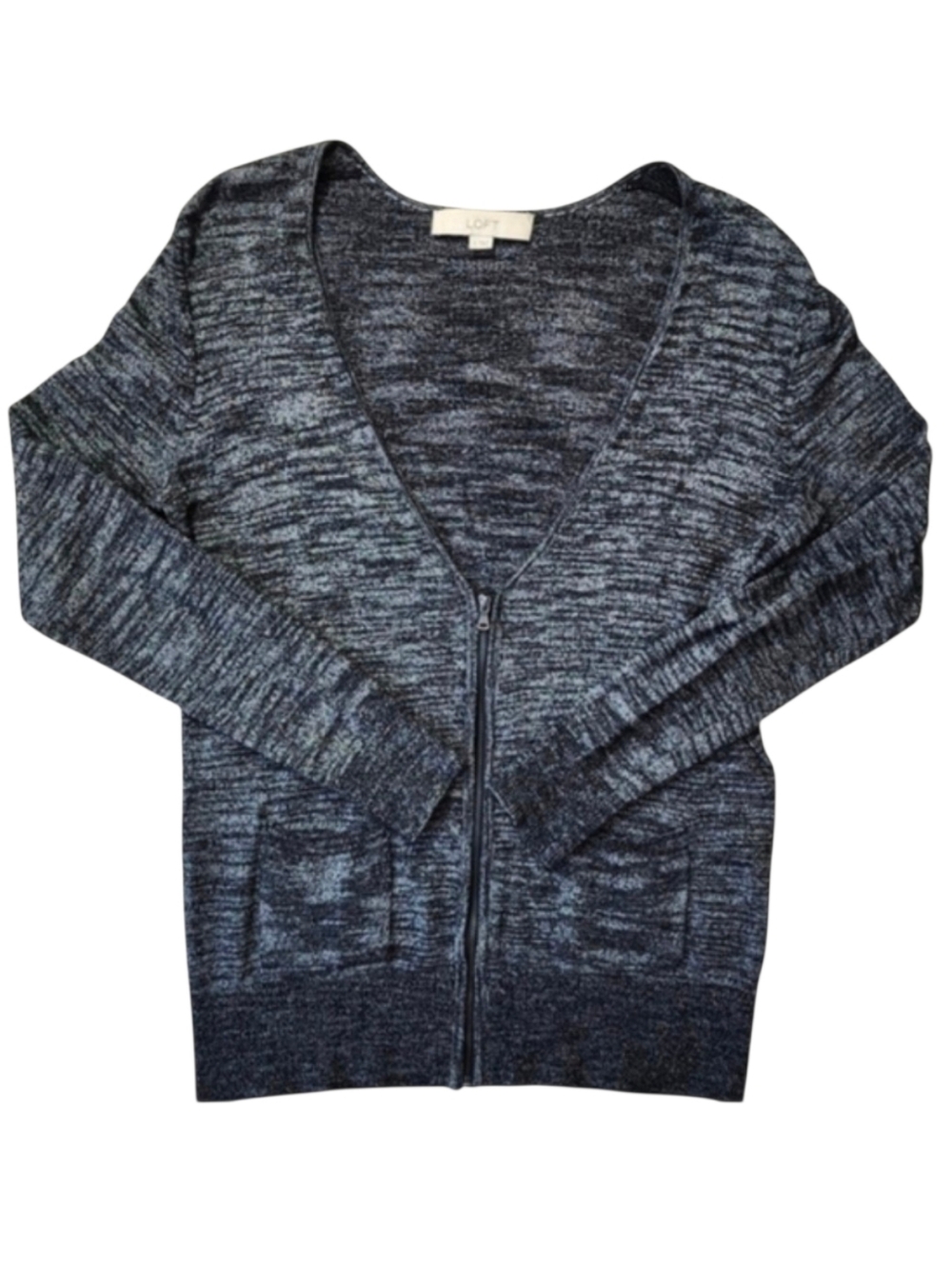 LOFT Small Marled Gray and Black Zip Up Cardigan V Neck Sweater